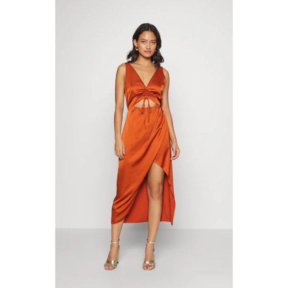 Abercrombie & Fitch Dresses & Skirts - Abercrombie & Fitch Slip Dress S Midi Burnt Orange Satin Cinch Front Slit NEW